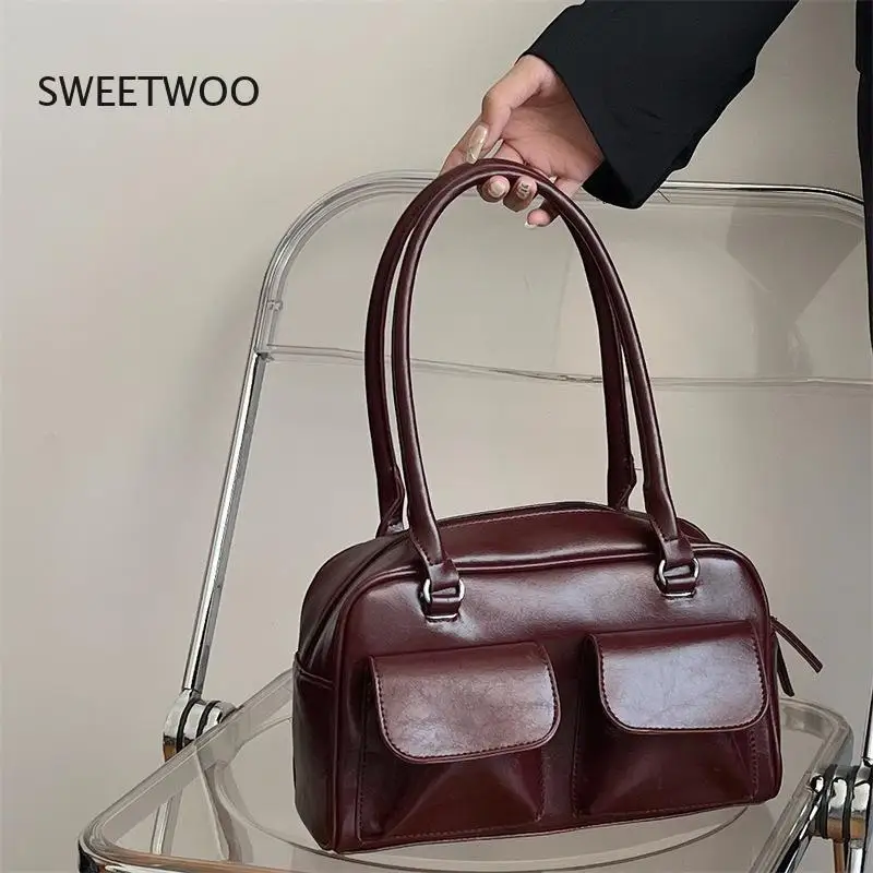 2026 Vintage PU Schultertasche mit Doppelten Taschen Große Kapazität Unterarmtasche für Büro
