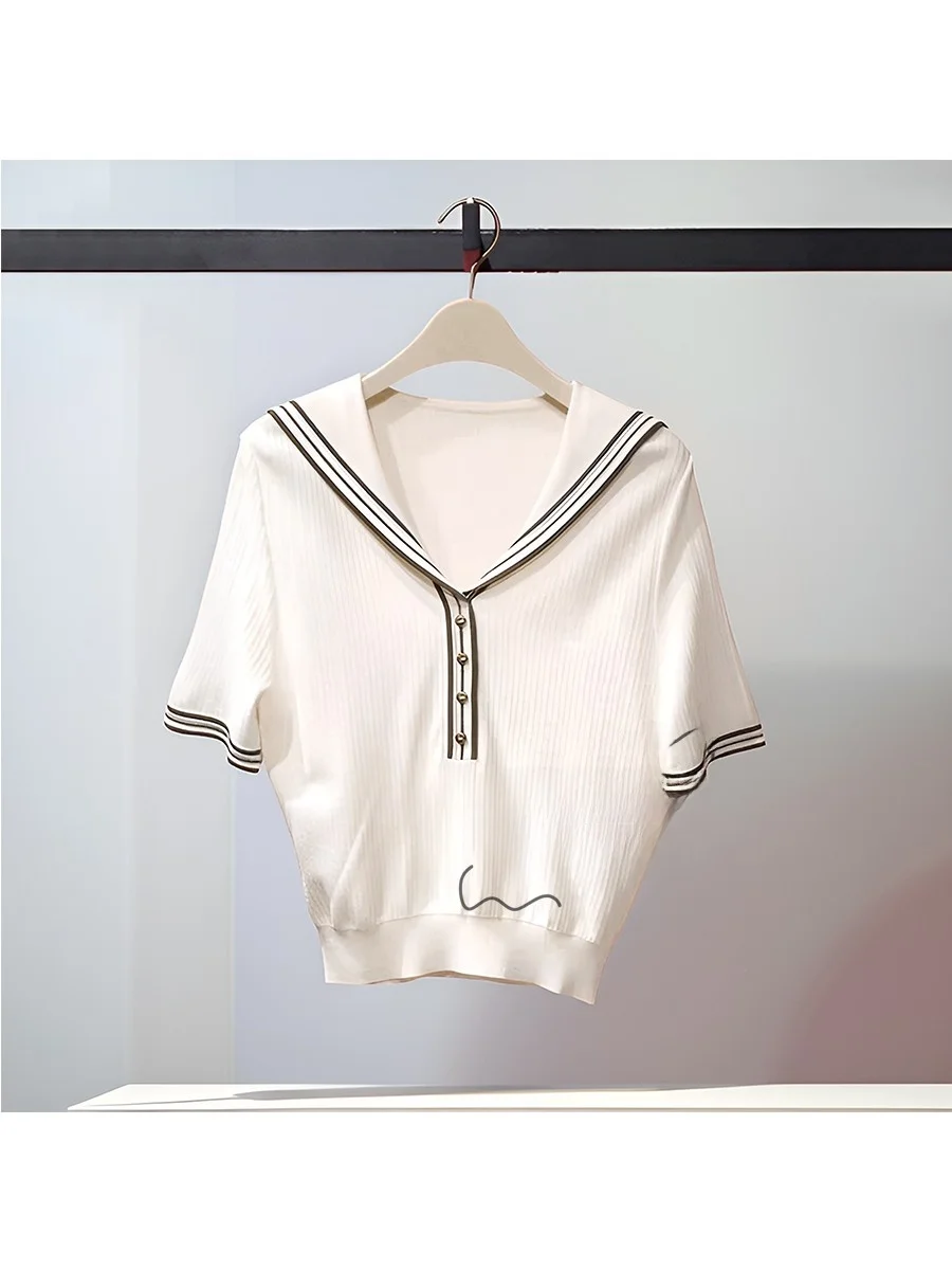 

Fashionable White Navy Collar Short Sleeve Knitted Shirt Women's Top Casual Versatile Autumn 2025 New Arrival Commute Style L...