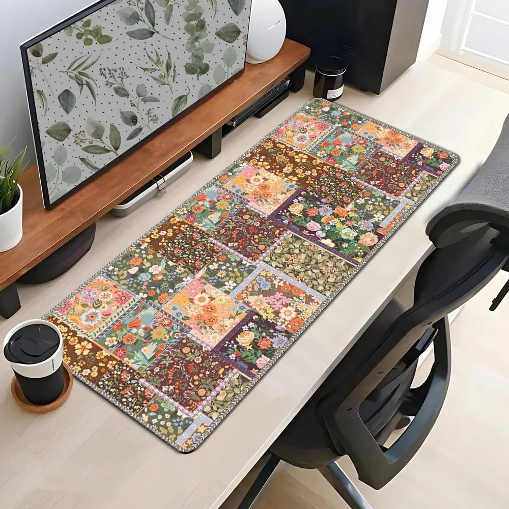 Vintage Flower Mouse Pad Aesthetic Desk Accessories Desk Pad Rubber Base with Stitched Edge Mousepad Non-Slip Deskpad for Office