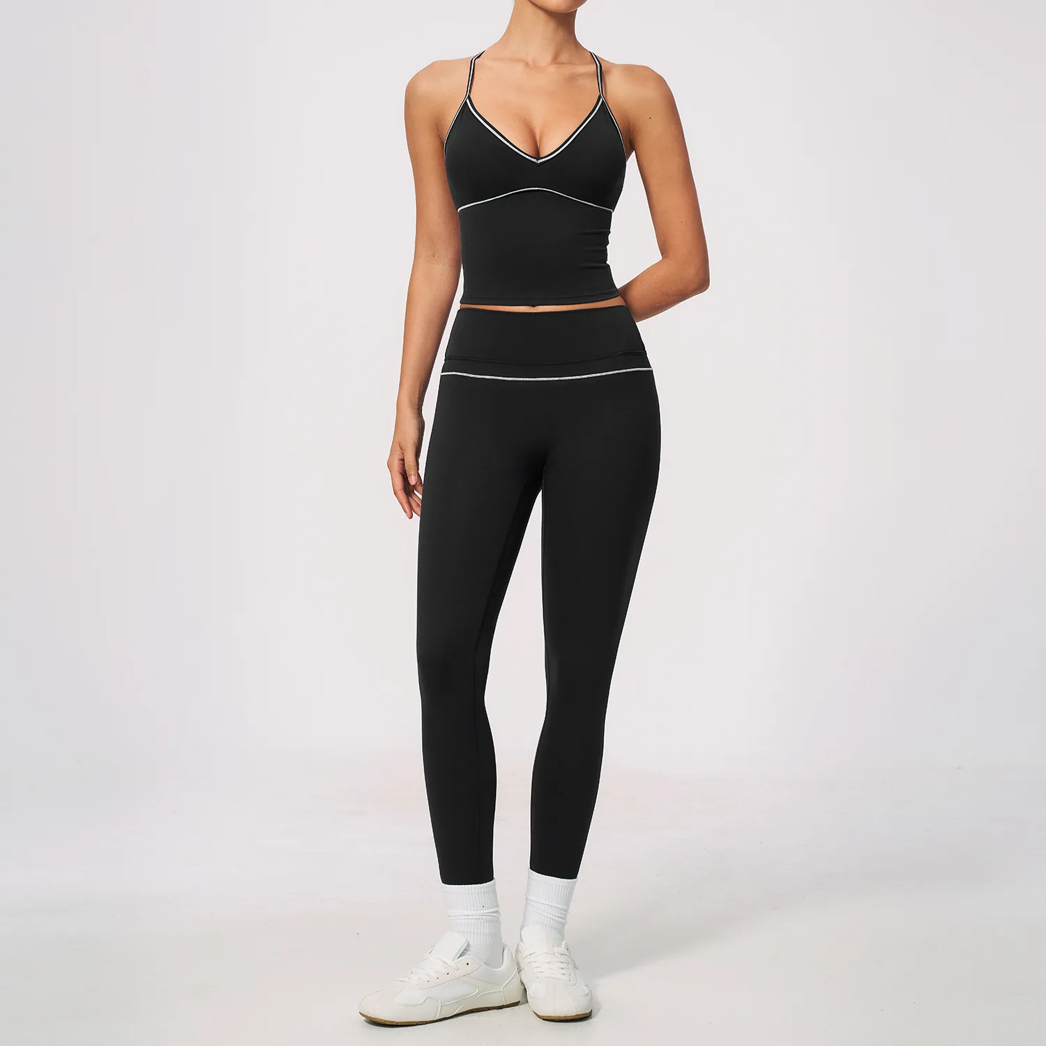 Women's Contrast Piping Spaghetti Strap Longline Crop Top and High Waist Seamless Leggings Set 2-Piece Yoga Workout Outfit with