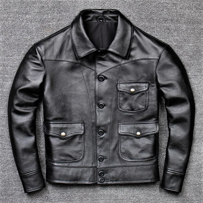 

Genuine leather jacket men's retro motorcycle jacket carved lapels slim urban style suitable for young men