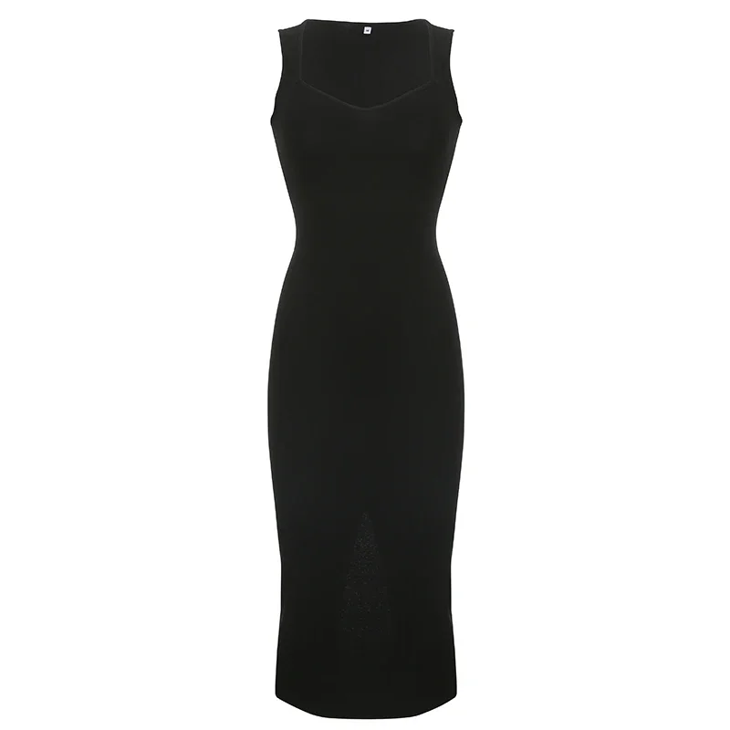 Sukienka damska basic dzianinowa długa koreańska moda kwadratowy dekolt bez rękawów letnia codzienna Y2k vintage uniwersalna stylizacja 2025