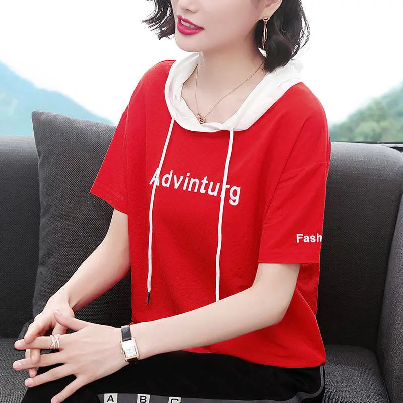 2024 New 100% Cotton O Neck Hoodie T Shirt Woman Summer Short Sleeve Plus Size Shirt Women T-shirt Loose Embroidery Women Shirts