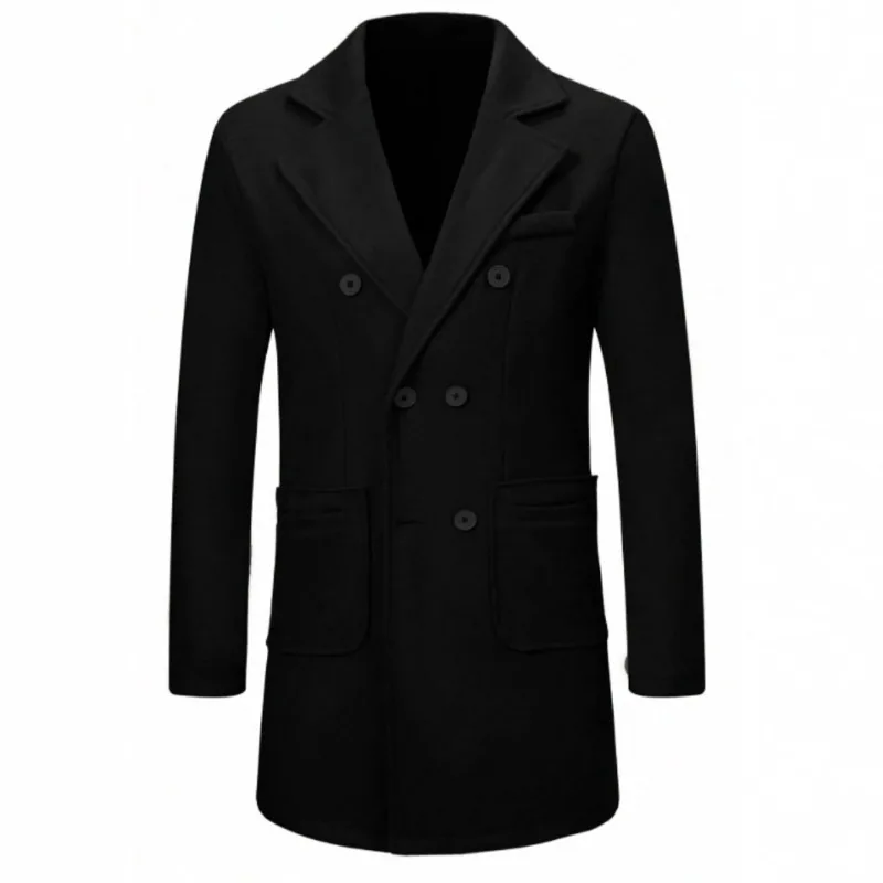 KIDWHXR Herren-Mantel, Herbst-Winter, doppelreihige Jacke aus Wollmischgewebe, Herren, lange Ärmel, mit Taschen, mittellange Länge, lässige Herren-Oberbekleidung. – Detail 3