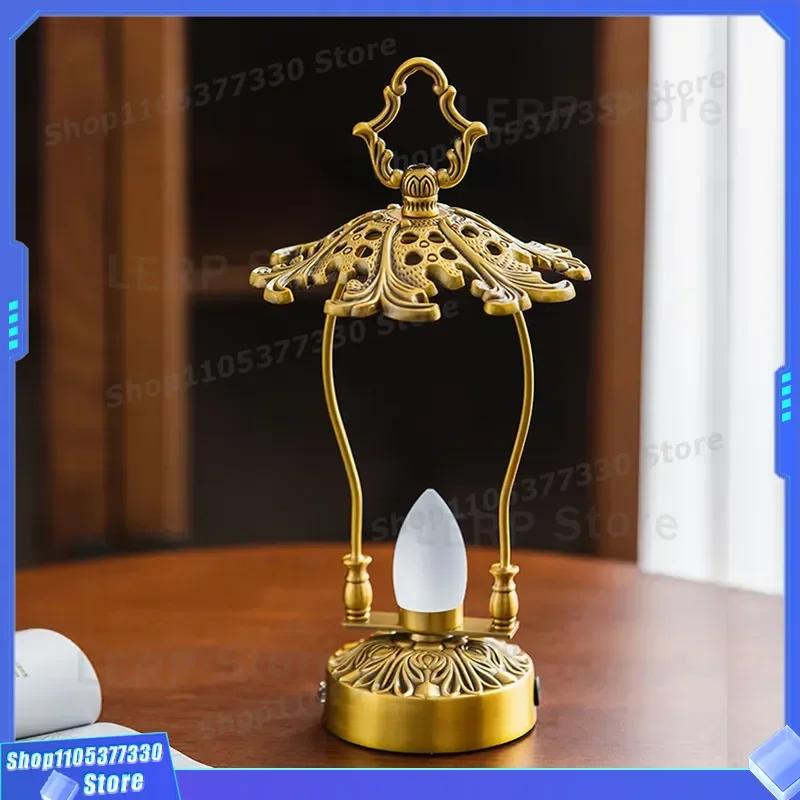 Vintage Hollow Brass Candle Holder Handmade Home Decor Portable Ambient Light Bar Table Ornament Camping Charging Lamp