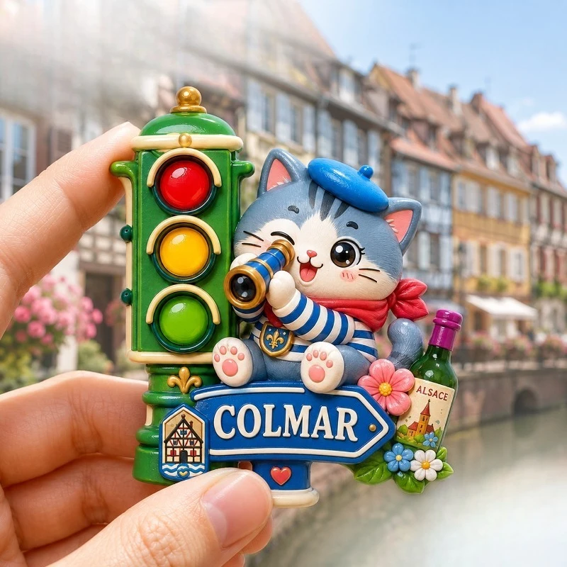 Colmar Cat Street Fridge Magnet - Picturesque 3D French Town Souvenir Unique European Travel Gift for Whimsical & Coastal Decor