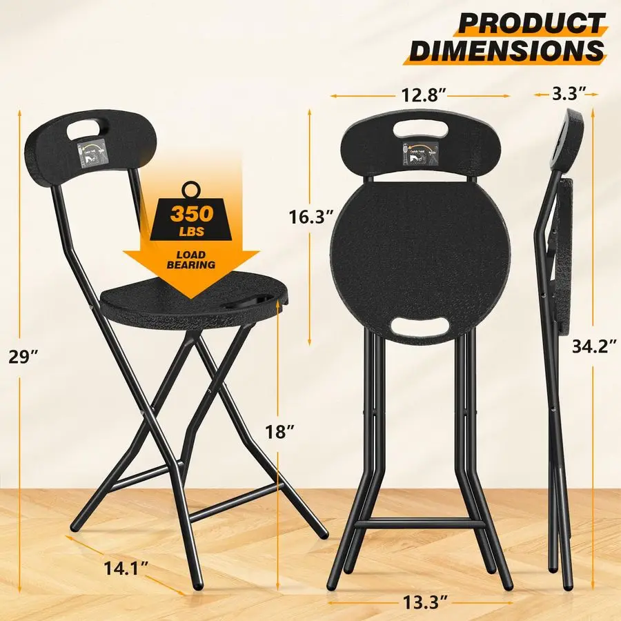 Folding Stool, 1 Pack 18 inch Folding Bar Stool with Backrest and Handle, Foldable Stools for Adults Up to 350lbs, Collapsible R