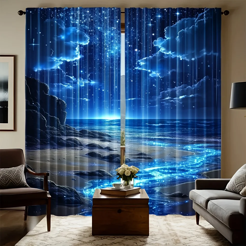 2PCS Aurora Moon Beach Blackout Curtains – Woven Polyester, Rod Pocket for Living Room Bedroom Office Decor