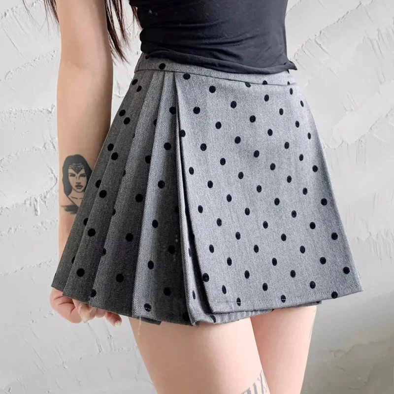 Women Polka Dot Flock Pleated Mini Skirt