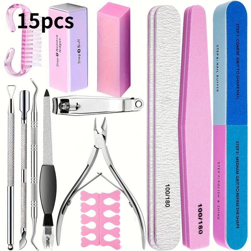 Kit Profissional de Arte para Unhas com 10/15 Peças, Lixas de 100/180 Grãos, Esponja Polidora, Tesoura, Alicate e Empurrador de Cutículas - Ferramentas para Esmalte em Gel