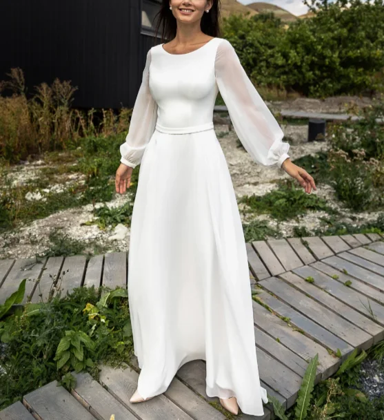 Customized O-neck Floor Length White Full Sleeves Woman Vestidos Elegantes Para Mujer Para Una Boda Robe De Soirée Femme Chic