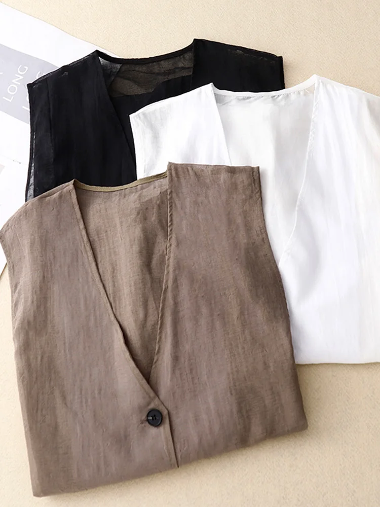 Slim Fit Women's Vest 2024 Summer Thin Fashionable Outerwear Shoulder Pad V-Neck Mid-Length Single Button Closure  Color