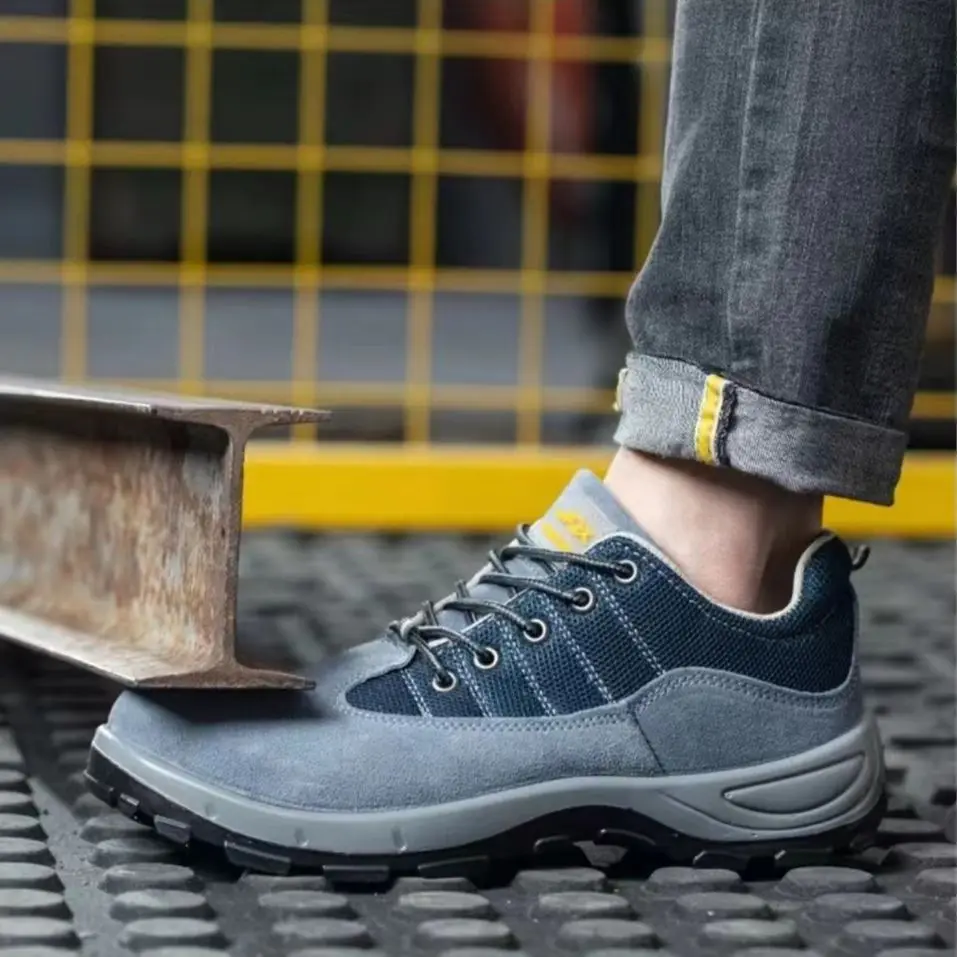 Мужская рабочая обувь из замши, воловьей кожи, дышащая синяя сетка, сплошная подошва, защита от ударов и проколов.