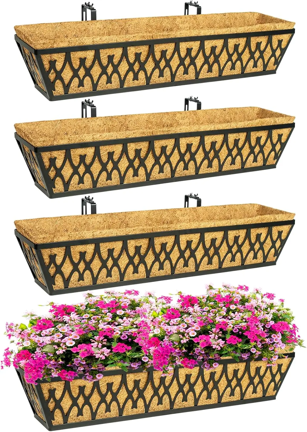 4 Pack Adjustable Railing Planter Boxes with Coco Liners for Porch, Fence, Patio, Balcony - Outdoor Garden Decor