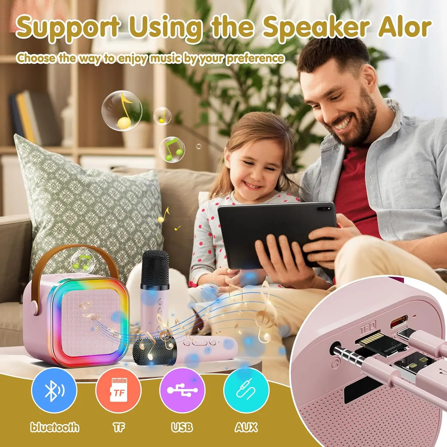 GAMINJA Mini Karaoke Machine With Wireless Microphone Suitable For Children And Adults Portable Bluetooth Speaker With LED Light