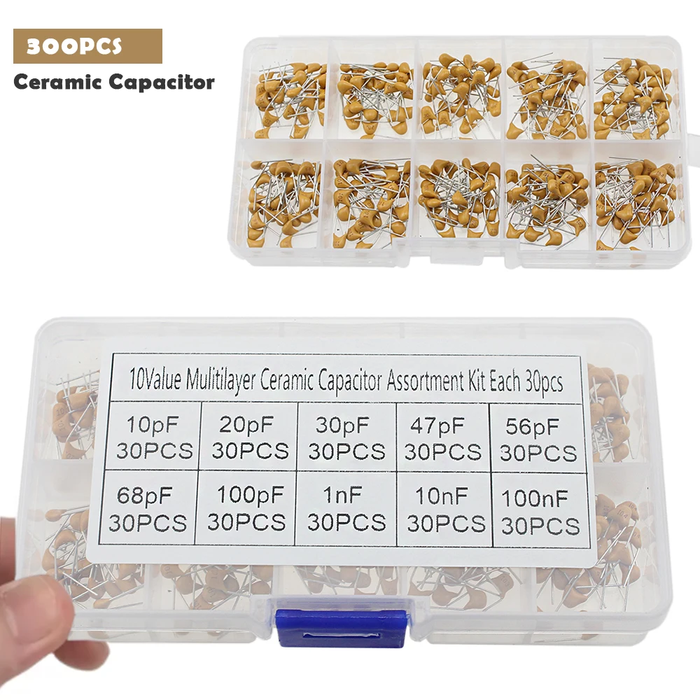 300pcs 10Values 50V 10pf 20pf 30pf 47pf 56pf 68pf 100pf 1nf 10nf 100nf Multilayer Ceramic Capacitor Assortment Kit