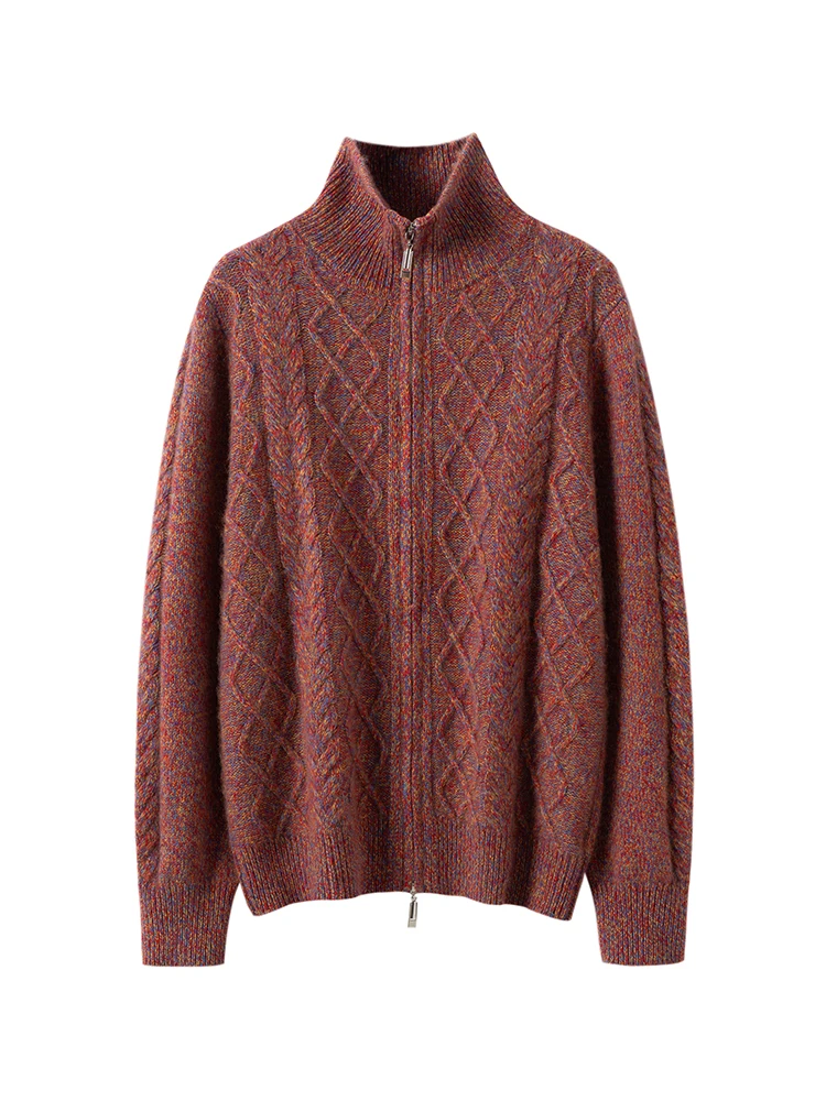 TLOML Women 100% Cashmere Sweater Mock Neck Two-way Zip Cable Knit Cardigan Autumn Winter Cashmere Knitted Soft Warm Comfy Coat