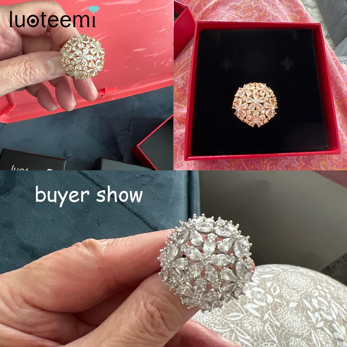 LUOTEEMI Design Zircon Flowers Shape Gold Color Rings for Women Chic Wedding Bridal Engagement Party Girl\'s Luxurious Sweet Ring