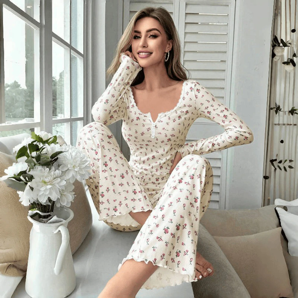 

Women Sexy Floral Print Pajama Sets Soft Comfortable Long Sleeve Top and Pants Loungewear Sleepwear Two Piece Set Homewears