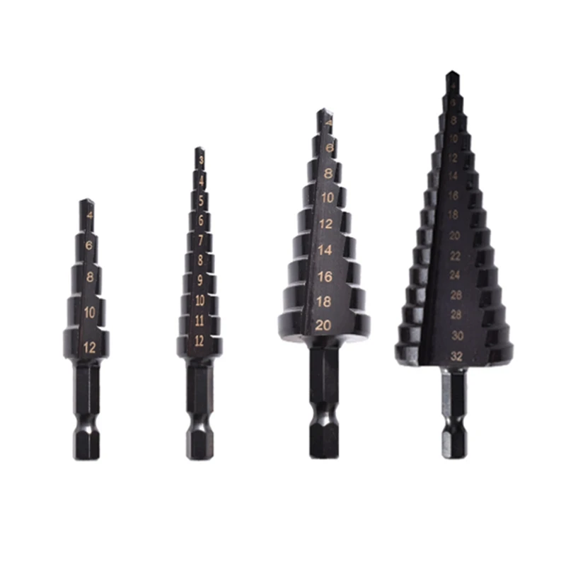 4Pcs HSS Step Drill Bit Set Pagoda Straight Groove Step Cone Drill Bit Drilling Power Tool Wood Metal Hole Cutter