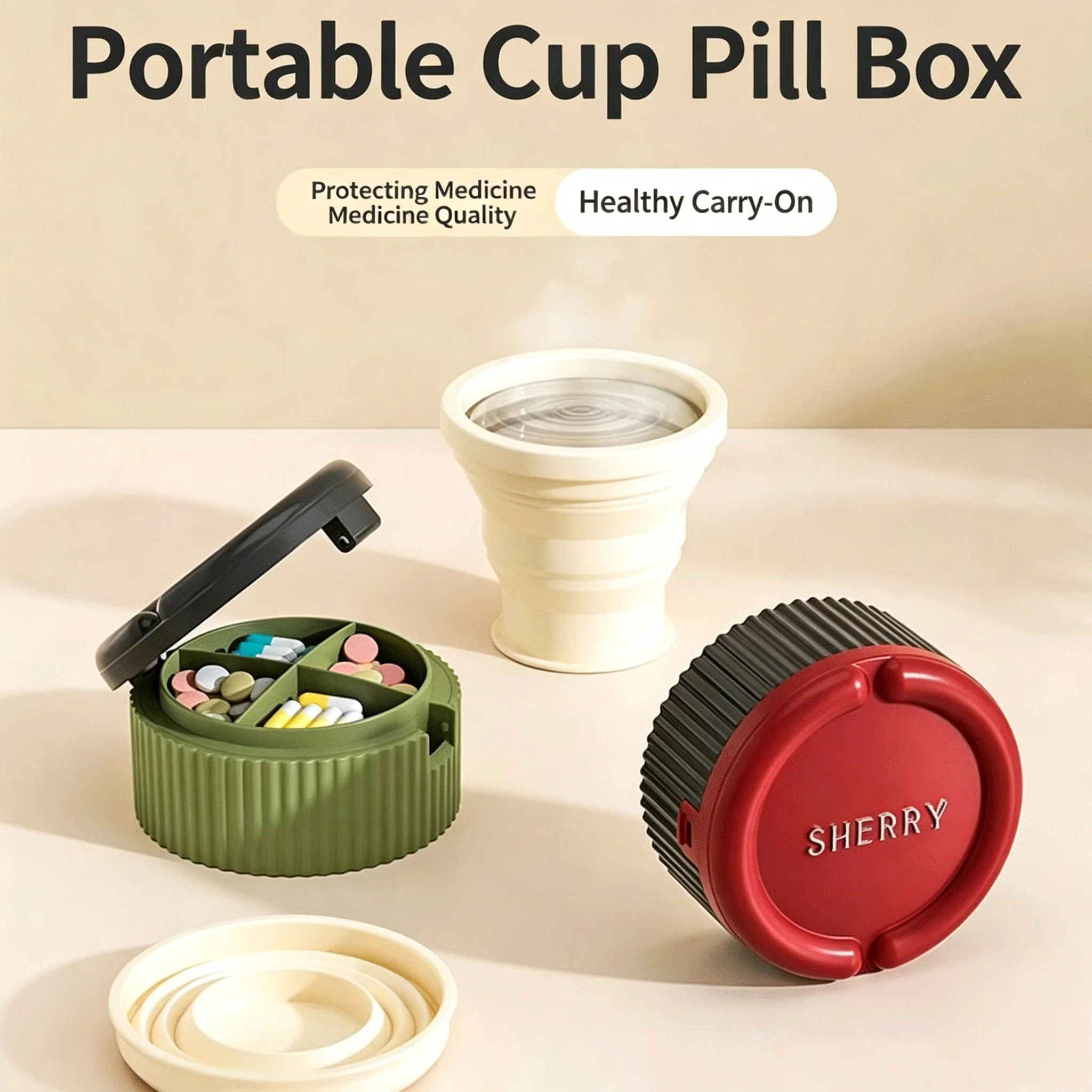 Pill Box With Foldable Silicone Cup Mini Portable Sealed Moisture-Proof Medicine Tablet Storage Organizer For Travel Outdoor