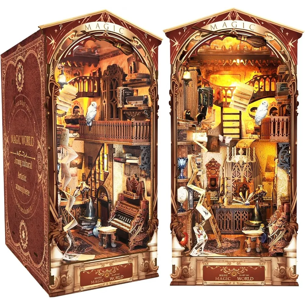 

3D Wooden Puzzle Miniature House Kit: LED Lit Bookend Diorama with Bookshelf Decor