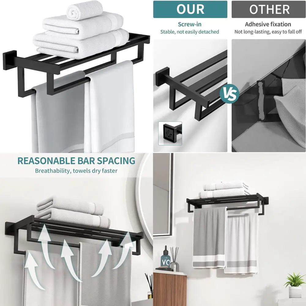 

24 Wall-Mounted Double Towel Bar, Stainless Steel Bathroom Towel Rack with Shelf, Black