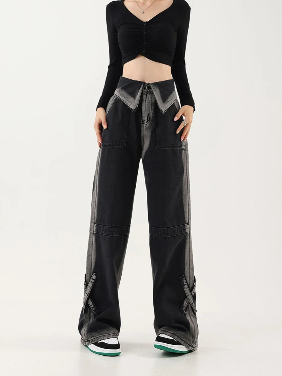 

Американские джинсы из денима для женщин, с завышенной талией и отворотами, свободного кроя, визуально стройнящие, универсальные, длинные брюки