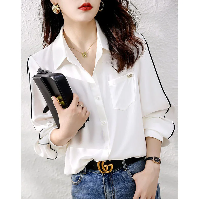 2023 Herbst neue Mode Revers Knopf gespleißt Taschen All-Match-Shirt Frauen Kleidung lose lässige Tops Büro Dame Bluse