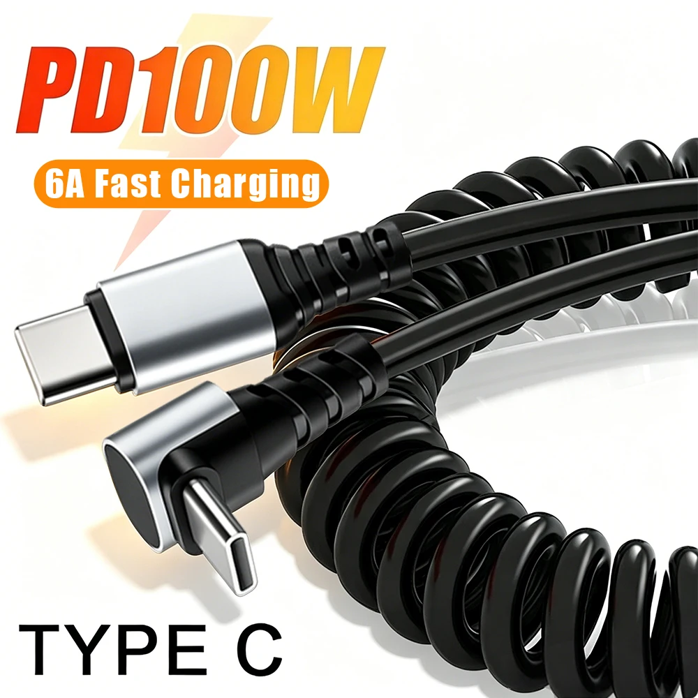 90 Degree Elbow Spring Cable USB Type C 6A Fast Charging 1.5M Retractable Data USB C To Type C Cable For iphone Samsung Android