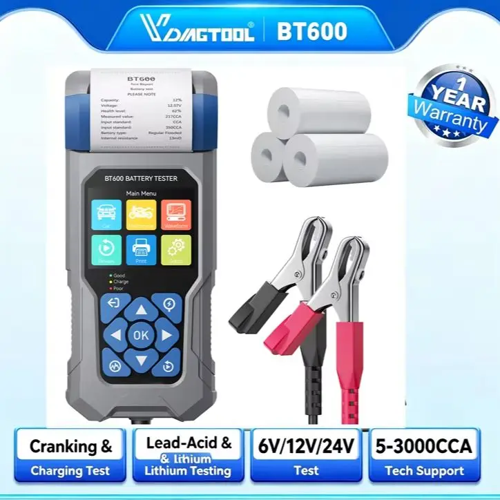 2026 VDIAGTOOL BT600 Car Battery Tester with Printer 6-24V Automotive Load Tester Cranking Charging System Analyzer 5-3000CCA
