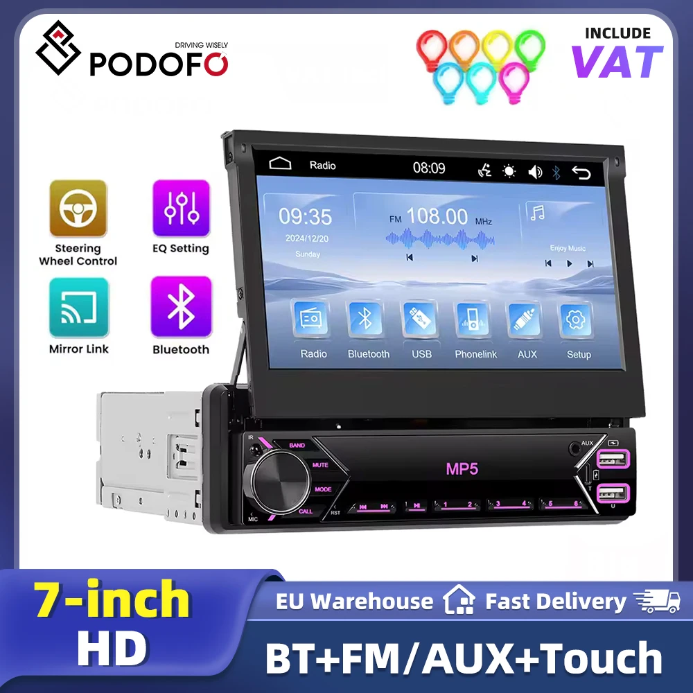 Podofo 1Din Autoradio mit einziehbarem Bildschirm, unterstützt Mirror Link, Bluetooth, FM-Radio mit EQ, USB-Eingang, Typ-C-Anschluss.