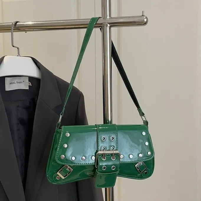 Glossy Retro Motorcycle Girl Style Shoulder Bag Underarm Bag Women's Fashion 2025 New Model Belt Buckle PU Leather Handbag