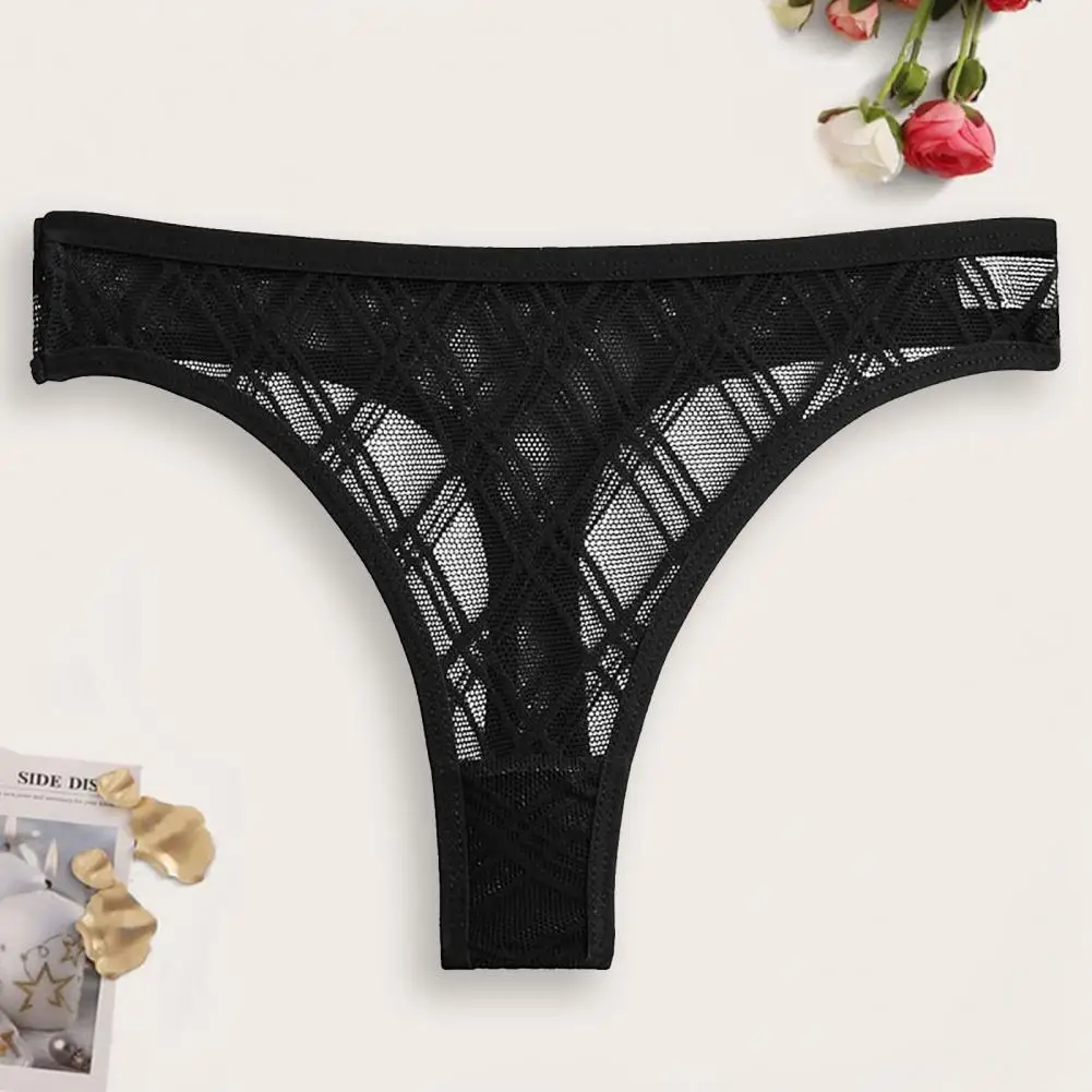 Women Thong Sexy Solid Color Breathable Lady G-string See-through T-shape Hollow Out Briefs Soft Lace Low Waist Panties