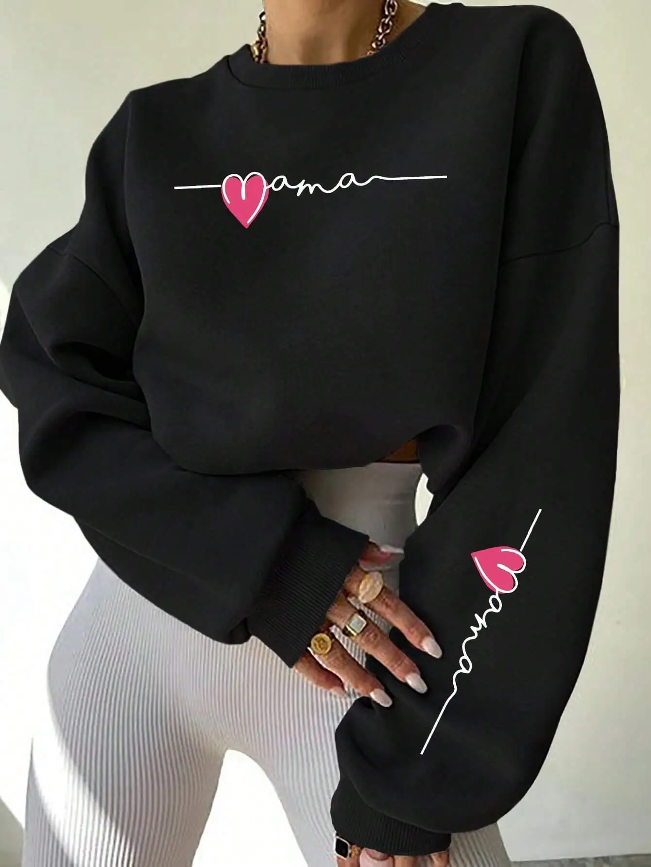 Street Casual Women Sweatshirts Heart Printing Hoodies Comfortable Breathable Fleece Pullover Crewneck Loose Female Tops Clothes