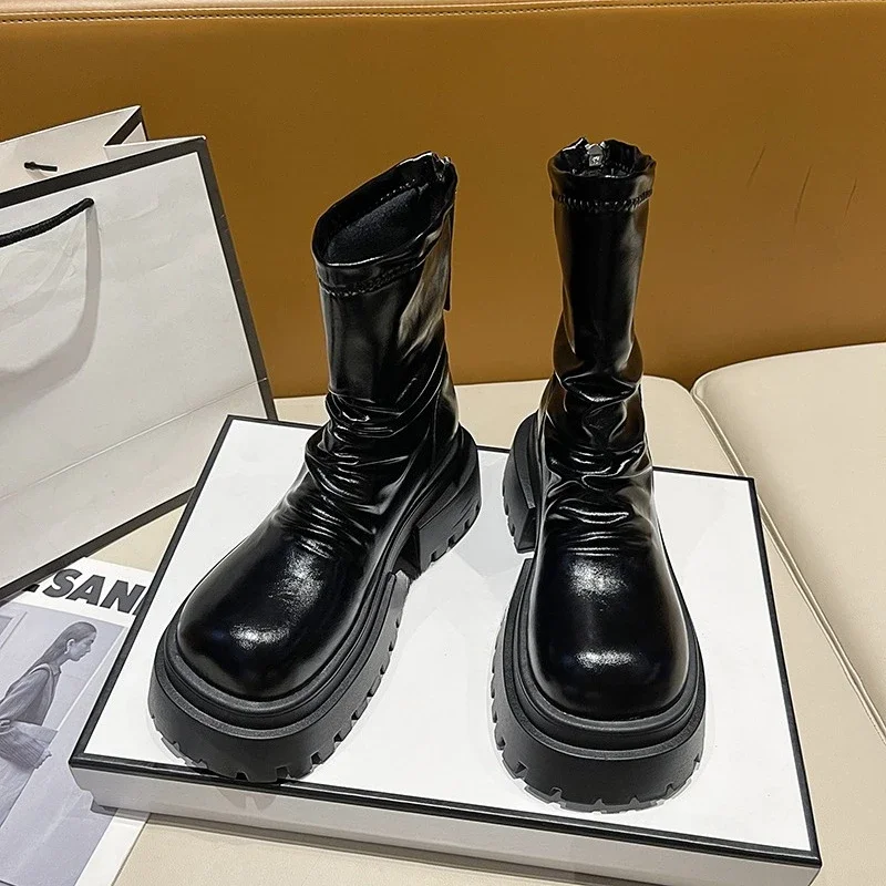 

Pleated Pile Boots Women's Fall 2025 New Block Heel Booties Heighten Inside