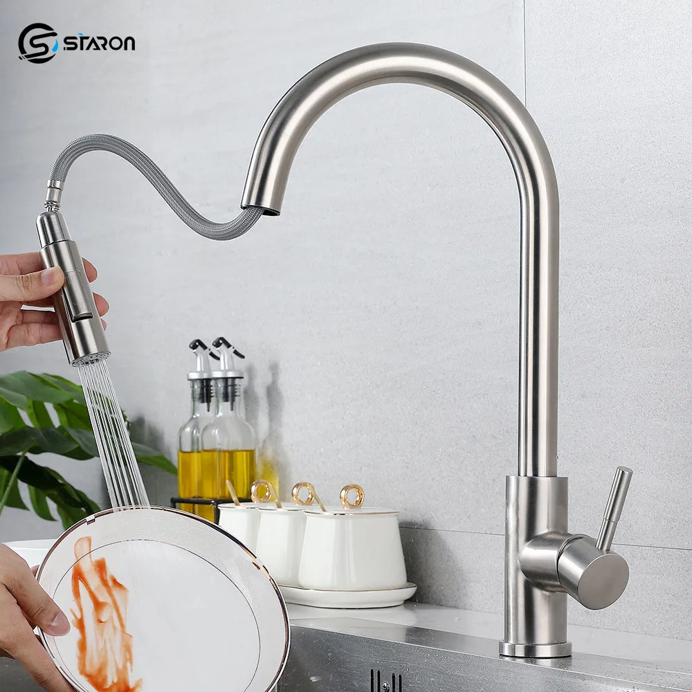 

STARON Kitchen Basin Faucets silver color Surface Faucet bathroom Sink Taps Pull Out Kitchen Taps Single Hole mixer Faucet