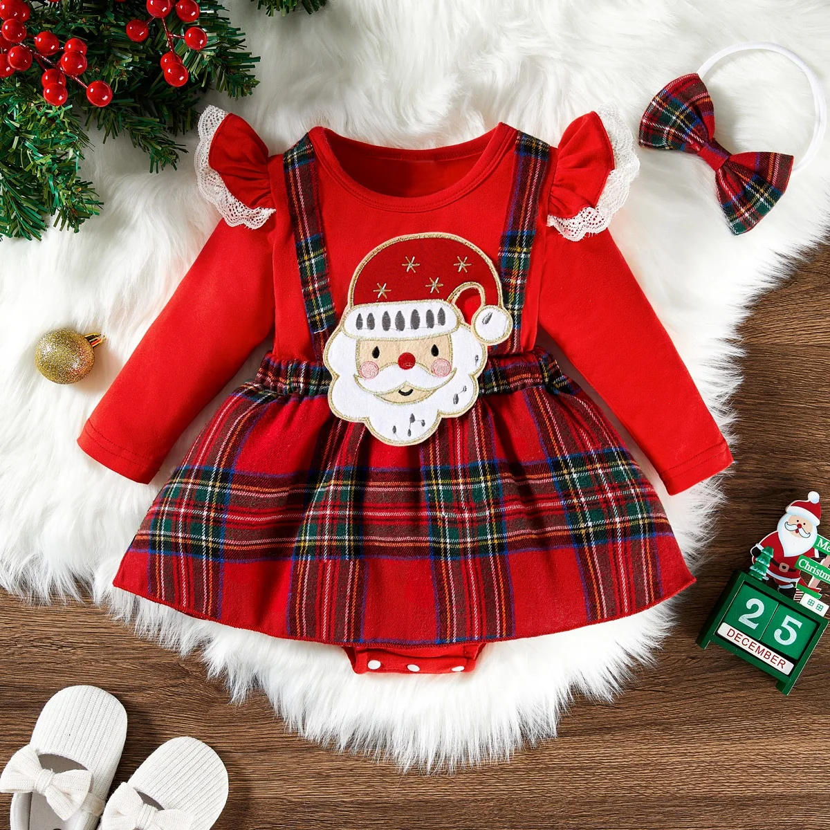 hibobi 2-Piece Baby Girls Flying Sleeve Dress Set, Three-Dimensional Santa Claus Pattern, Suitable For Christmas Party Wear