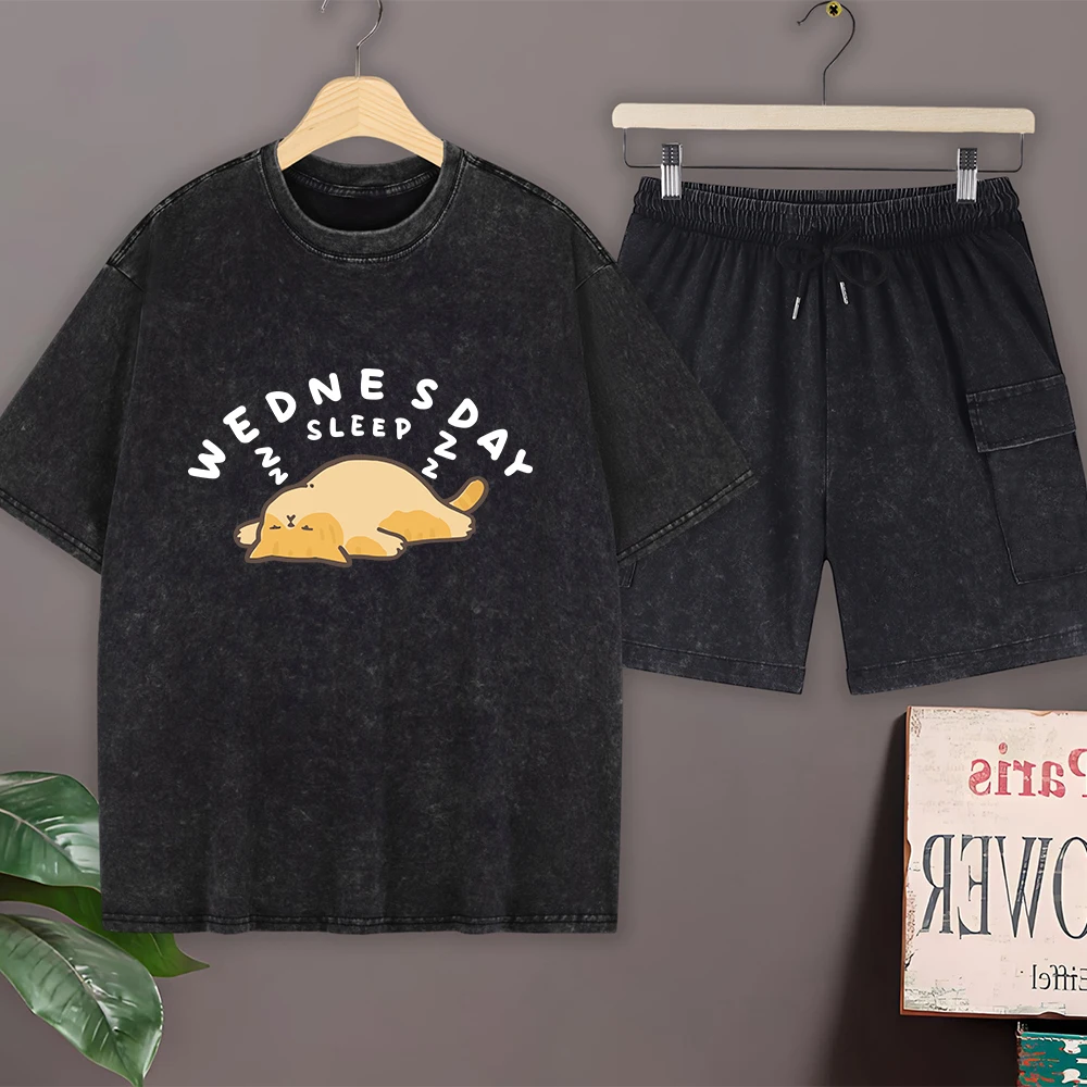 Conjunto de Camisetas de Algodón Lavado Wednesday Sleep Cat para Hombre, Camisetas de Manga Corta Estilo Urbano, Pantalones Cortos Cargo, Cuello Redondo, Camiseta Oversize, Ropa de Verano