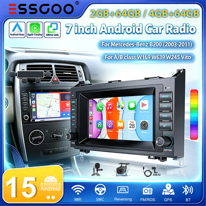 ESSGOO 7" Android Autoradio Android 15 2GB+64GB/4GB+64GB für Mercedes-Benz A/B Klasse W169 W245 W639 Vito (2004-2012) B160/B170/B180/B200 Wireless Carplay Android Auto GPS Navi RDS FM Wifi Mirror Link