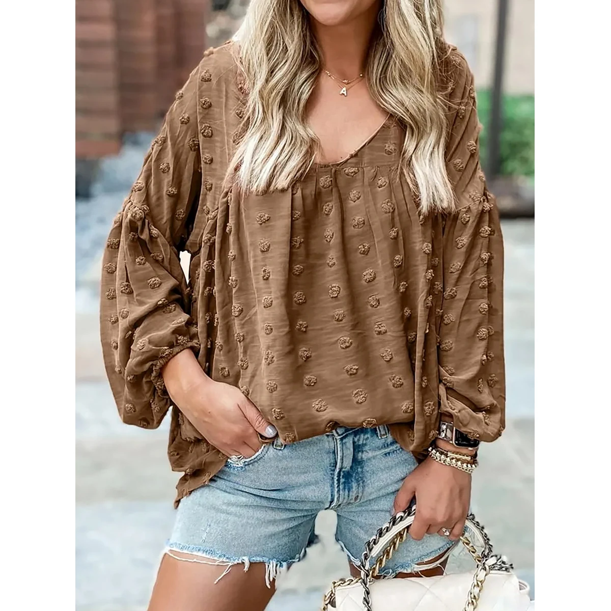 

Mugen Plus Size Blouse Long Sleeves 2024 Women's Clothes For Summer Solid Color Jacquard Plus Size Loose Blouse V-Neck Shirt