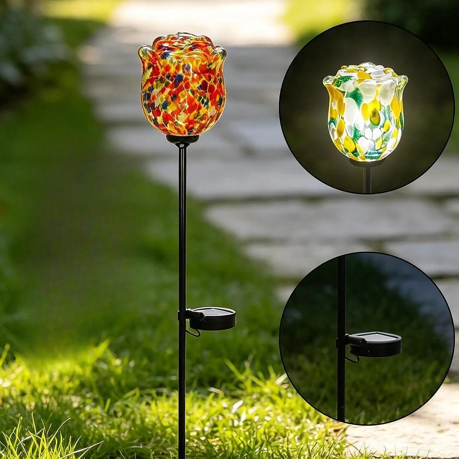 Solar Powered Garden Lighting Glass Rose Stake Weatherproof Iron Art Flower for Lawn and Walkway