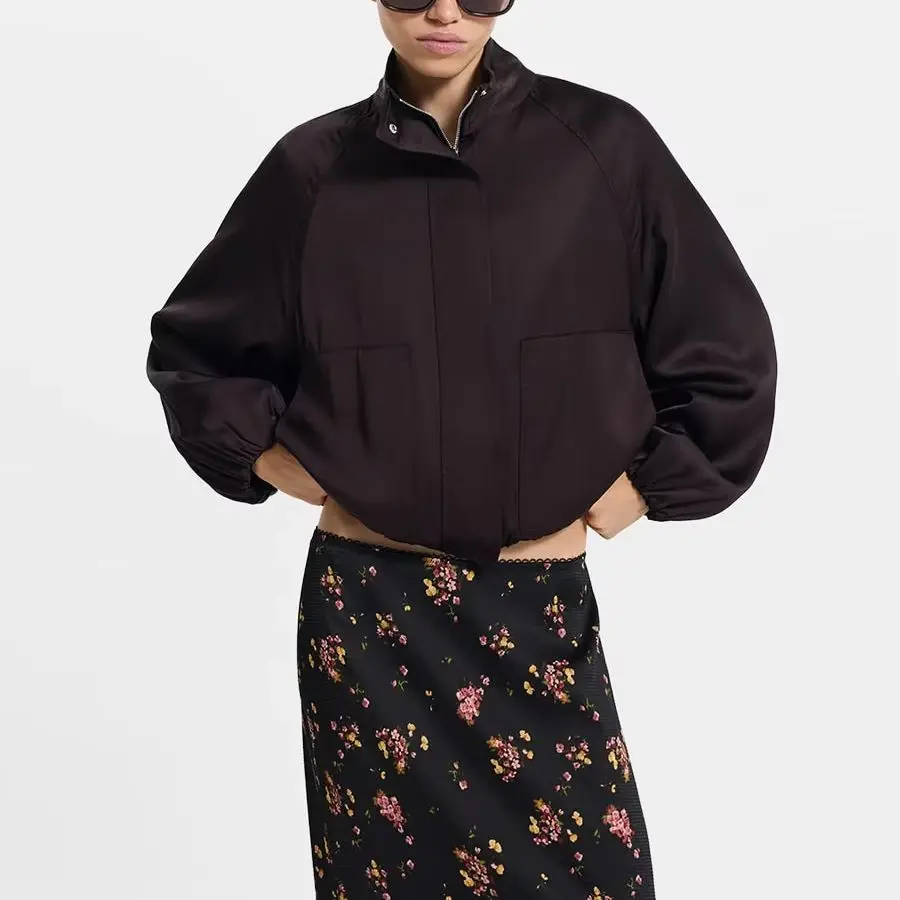 Women's Satin Cropped Bomber Jacket, Stand Collar Full Zip Front Raglan Long Sleeve Elastic Cuff & Hem Dual Patch Pocket Re
