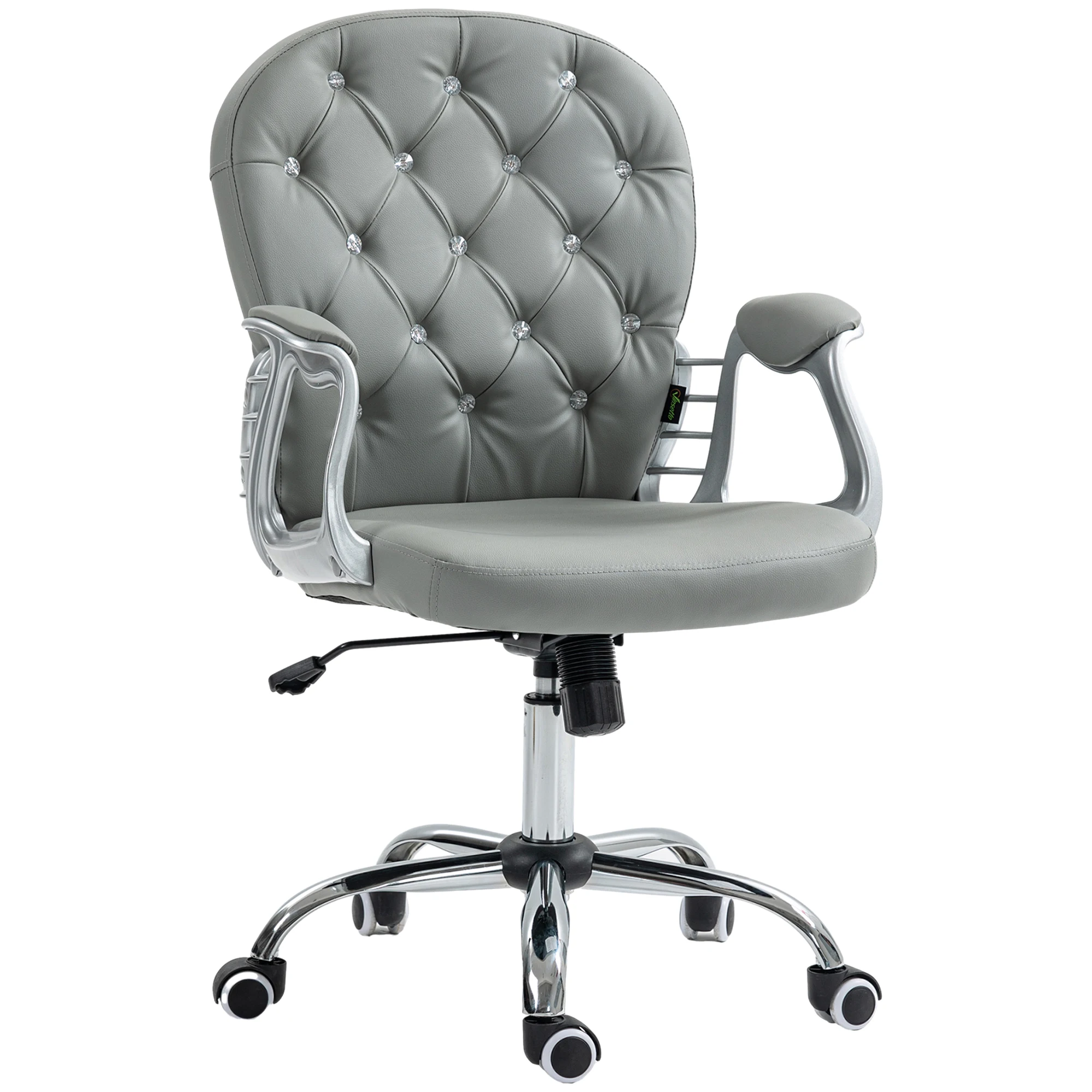 Vinsetto Pu Leather Home Officehair, Button Tufted Desk Chair with Padded Armrests, Adjustable Height and Swivel Wheels, Gray