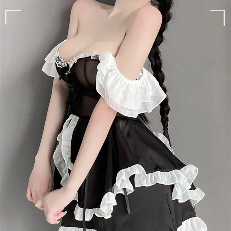 Cosplay Lace Maid Costumes Plus Size Sexy Lingerie Kawaii Cute Sling Dresses Porno See-through Skirt Anime Women Waiter Roleplay