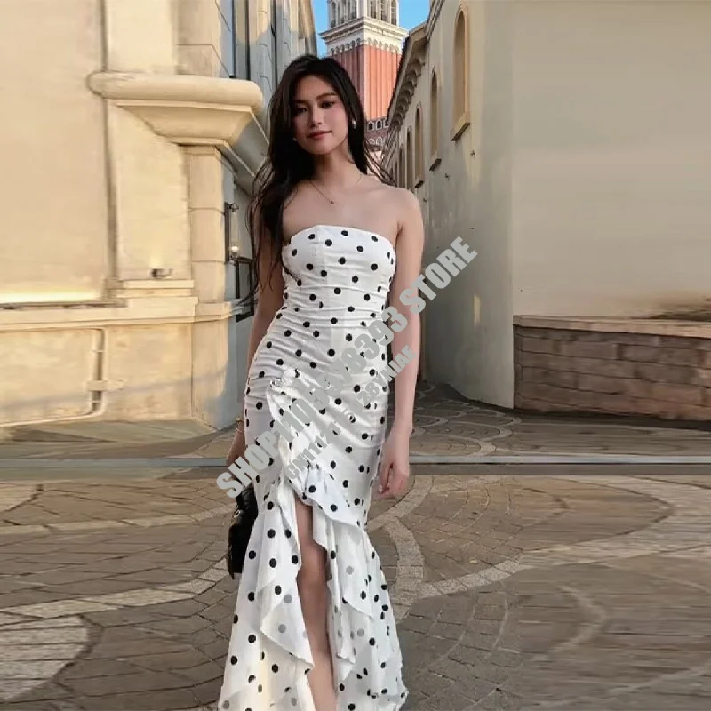 

2026 New Arrival Women Elegant Polka Dot Strapless Maxi Dress Ruffle High Slit Mermaid Bodycon Long Party Dress Summer Gown