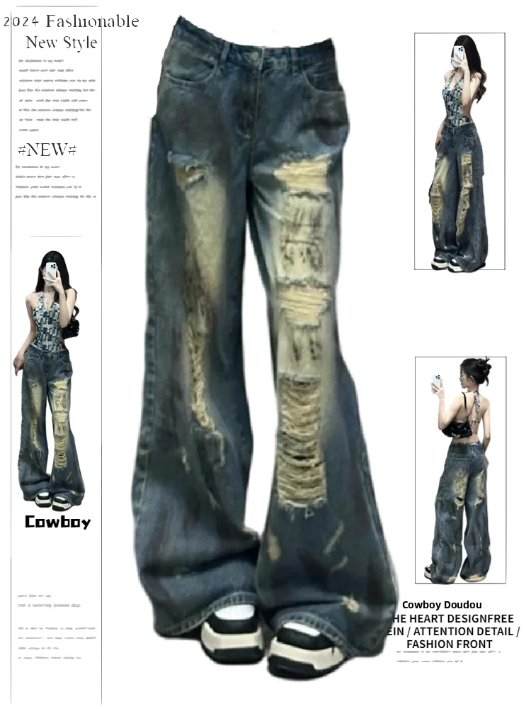 

Рваные джинсы женские летние, новый дизайн, свободные, широкие, прямые, в пол, с эффектом потертости, Aalyptic Sle