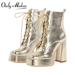 Onlymaker Gold Platform Ankle boots Heels Lace-up Thick High Heel Zip Plus Size Winter Booties