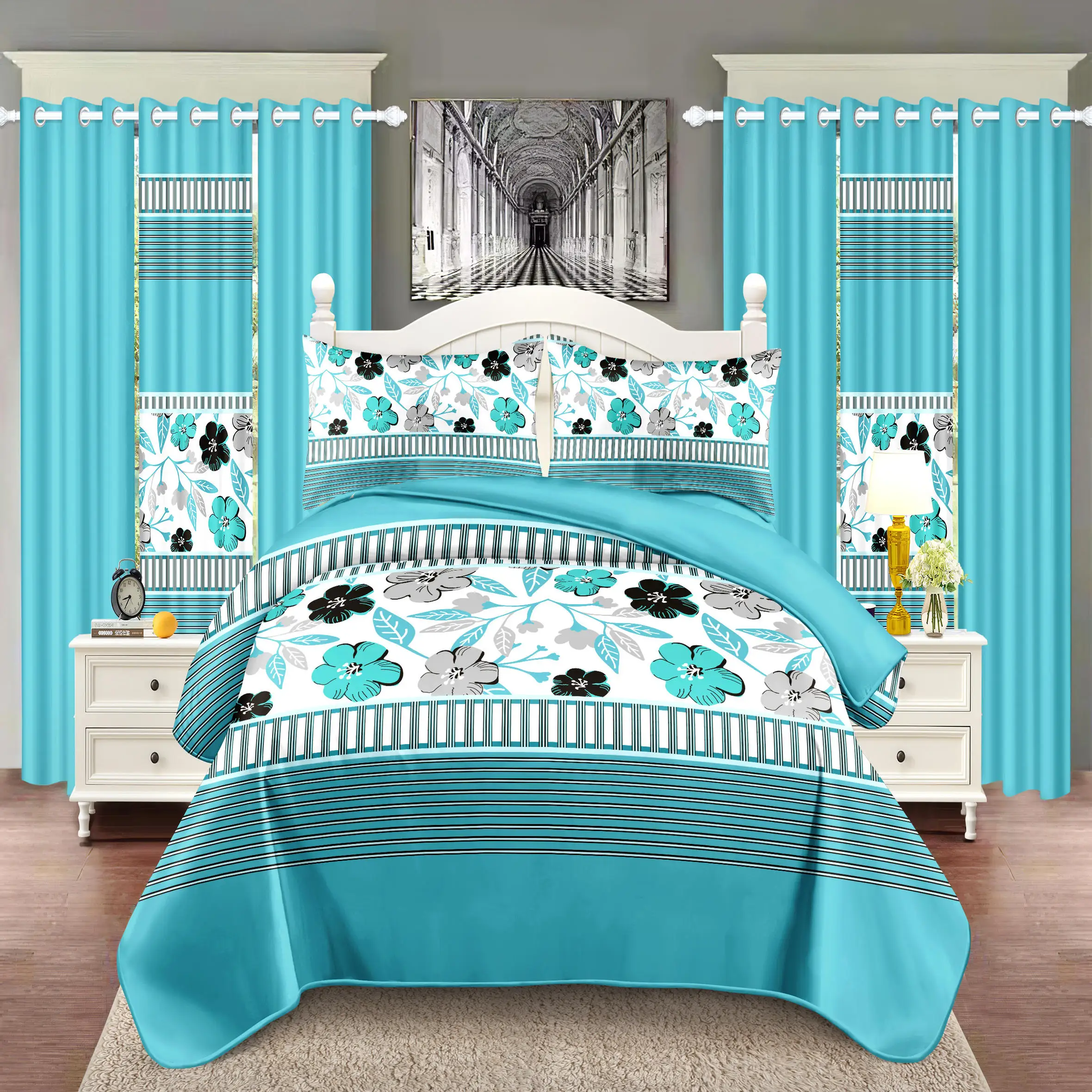 Royberry 9 Piece Thick Bedspread Set, Blue and White Flower, Inner Filling, Warmth, 3 Piece (1 * Bedspread, 2 * Pillowcase) 6 Piece Curtain Set (2 * Printed Curtain, 4 * Solid Curtain) Bedroom, Guest Room, Rv, Holiday Gift, 86*95.1inch *100 Inch 92*106inch