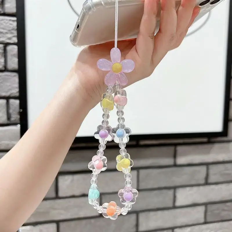 Frühling Sommer Neue Farbige Blumen-Perlen-Handykette für Frauen und Mädchen Süßer Handy-Schmuck Accessoire Mobiles Lanyard Dekoration